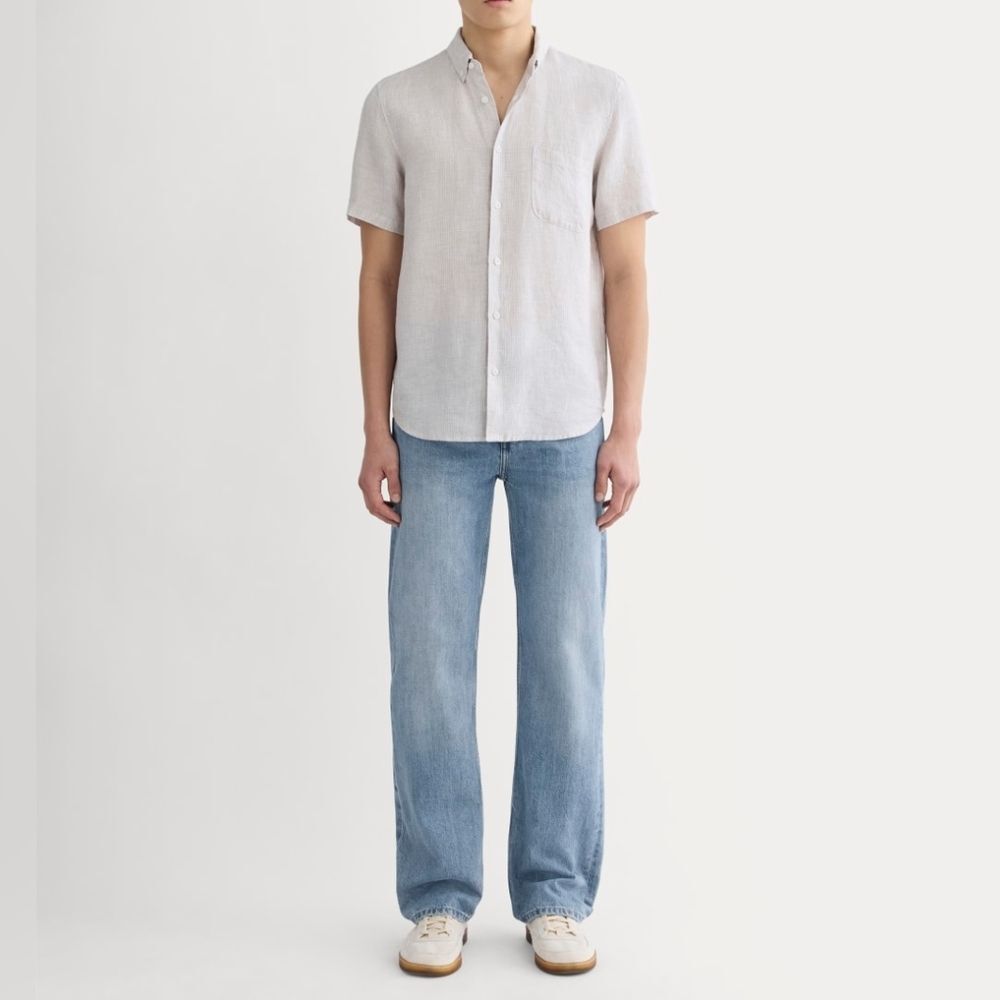 Everlane The Classic Short Sleeve Shirt In Linen Stone/White Size Large